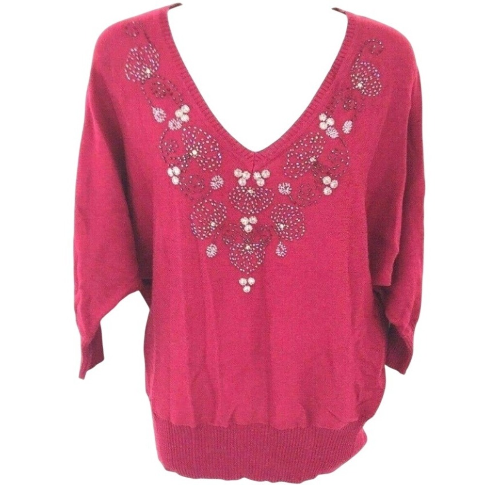 Lauren Conrad Beaded Sweater Top XS V Neck 3/4 Sleeve Beet Red Vintage Charm NWT